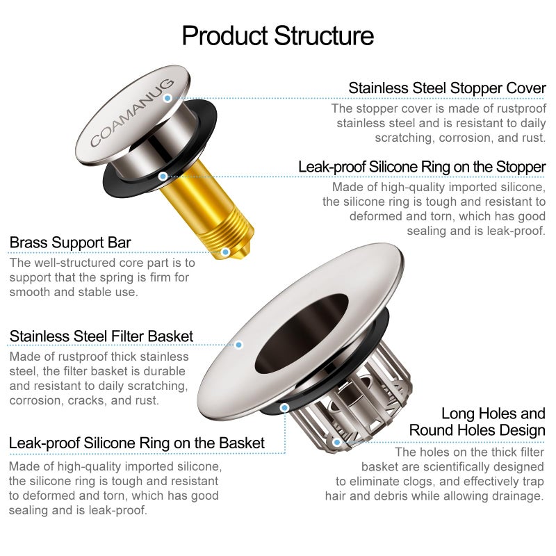 COAMANUG Bathtub Stopper | Pop-up Tub Stopper with Strainer  Shower Drain Hair Catcher | Bathroom Drain Plug | Drain Protector for 1-1/2 to 1-3/4"" Bath Drain Hole - Image 5